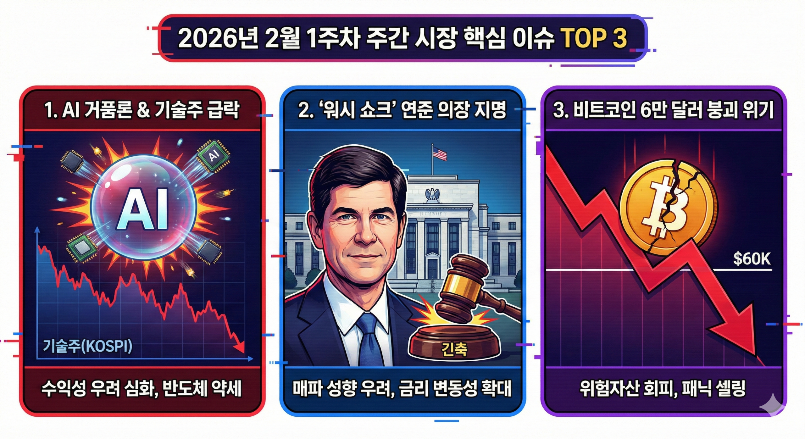 2026년 2월 1주차 주간 증시 시황 정리. AI 수익성 우려와 케빈 워시 연준 의장 지명으로 인한 KOSPI, 비트코인 급락 원인을 분석하고 다음 주 CPI 발표 일정을 체크합니다.